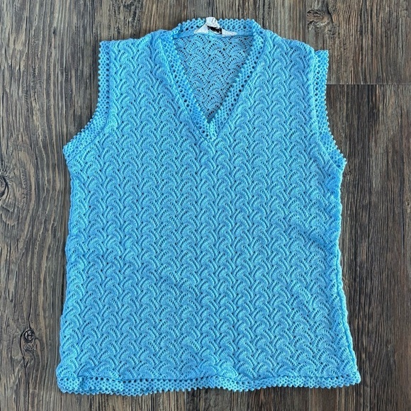 Tops - Sheer Crochet Knit Sleeveless V-Neck Shirt Tank Top Womens Lg Acrylic Baby Blue